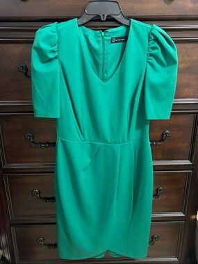 New York & Company Teal V-Neck Puff Sleeve Midi Dress